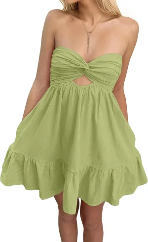 Meladyan Womens Twist Knot Bandeau Tube Dress Solid Strapless Backless Mini Dresses Summer Hollow Ruffle Beach Dress
