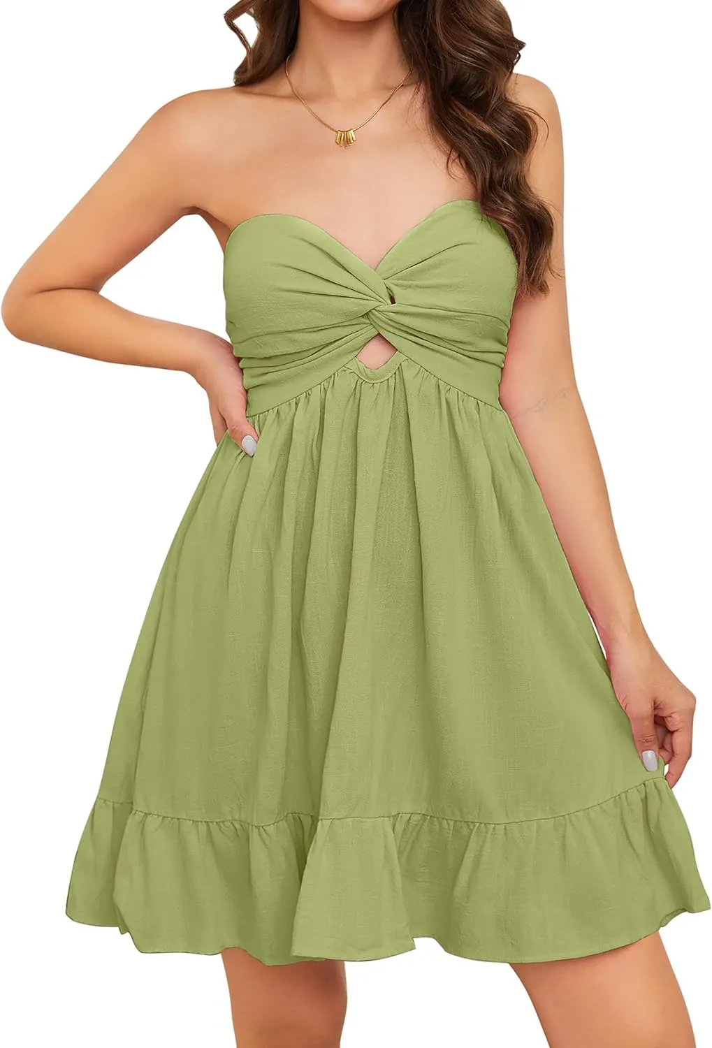 Meladyan Womens Twist Knot Bandeau Tube Dress Solid Strapless Backless Mini Dresses Summer Hollow Ruffle Beach Dress