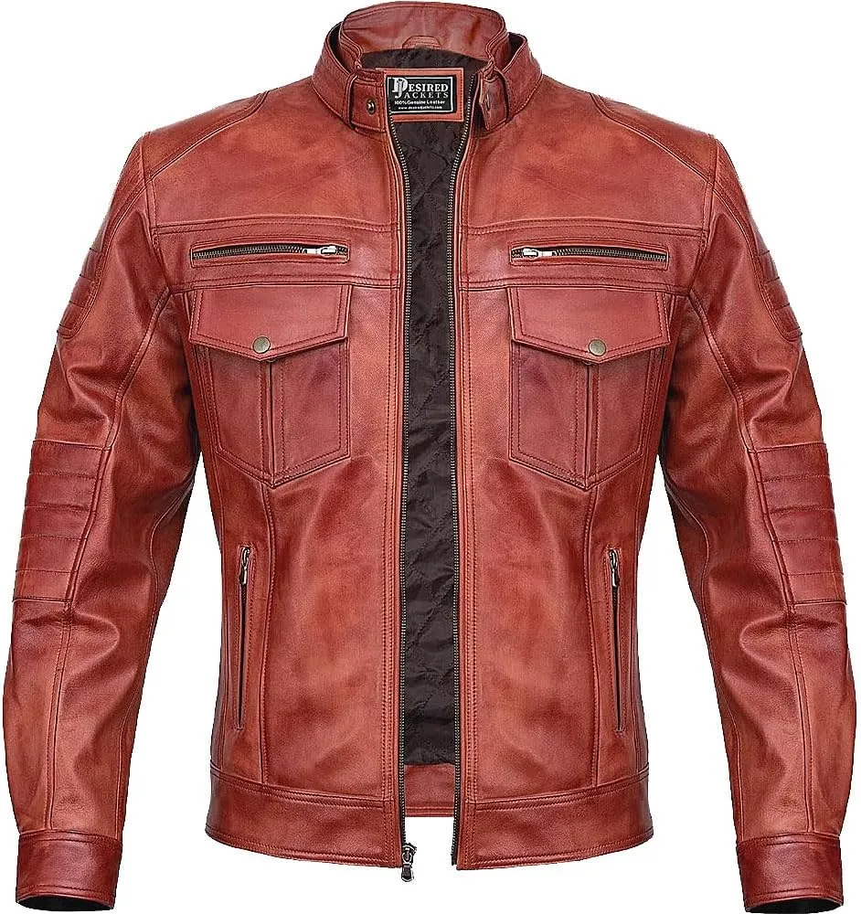 Men Cafe Racer Motorcycle Style Solid Color Leather Jacket Slim Fit Motorcycle Brown Leather Jacket Moto Rider Cafe Racer