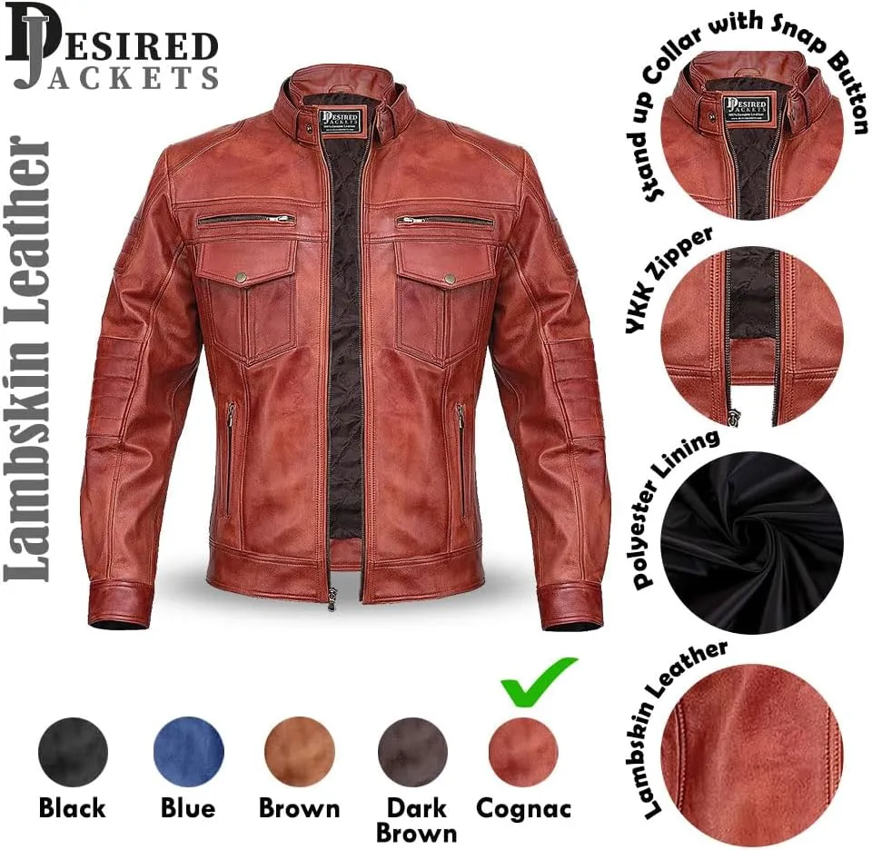 Men Cafe Racer Motorcycle Style Solid Color Leather Jacket Slim Fit Motorcycle Brown Leather Jacket Moto Rider Cafe Racer
