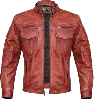 Men Cafe Racer Motorcycle Style Solid Color Leather Jacket Slim Fit Motorcycle Brown Leather Jacket Moto Rider Cafe Racer