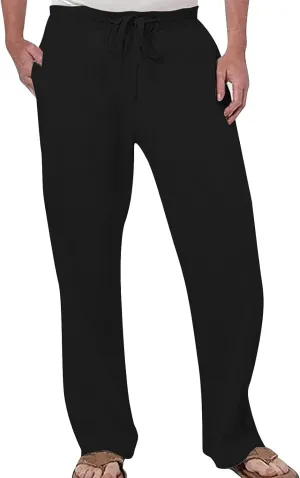 Men Linen Pants Lightweight Casual Relaxed Fit Elastic Waist Breathable Wide Leg Baggy Joggers Trousers