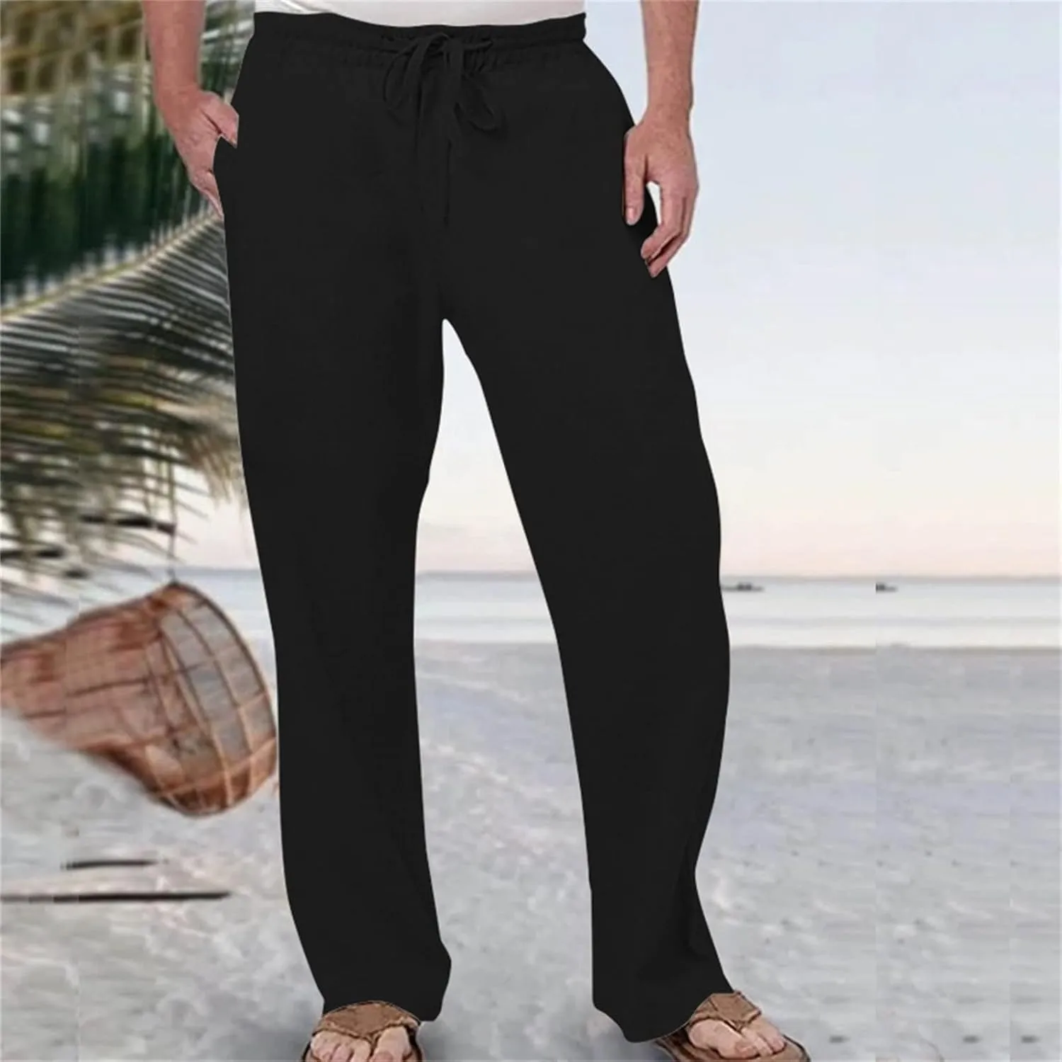 Men Linen Pants Lightweight Casual Relaxed Fit Elastic Waist Breathable Wide Leg Baggy Joggers Trousers