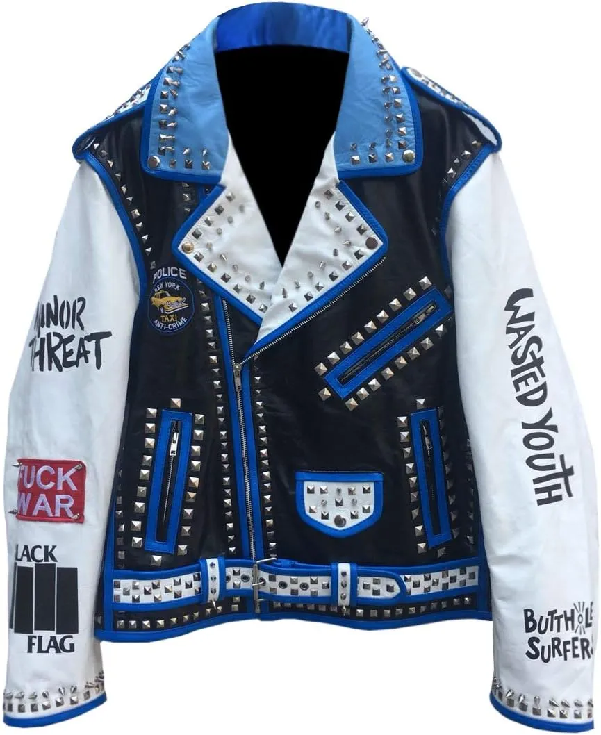Mens Brando Rock Punk Studded Wasted Youth Misfits Motorcycle Leather Jacket