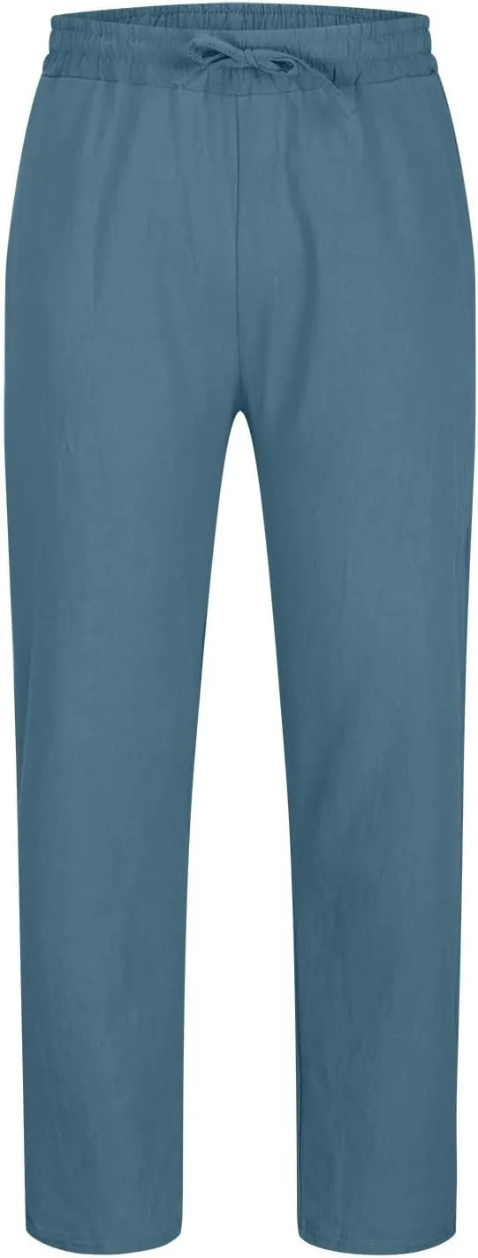 Men's Casual Linen Pants Drawstring Elastic Waist Summer Pants Lightweight Loose Fit Trousers Breathable Work Pants