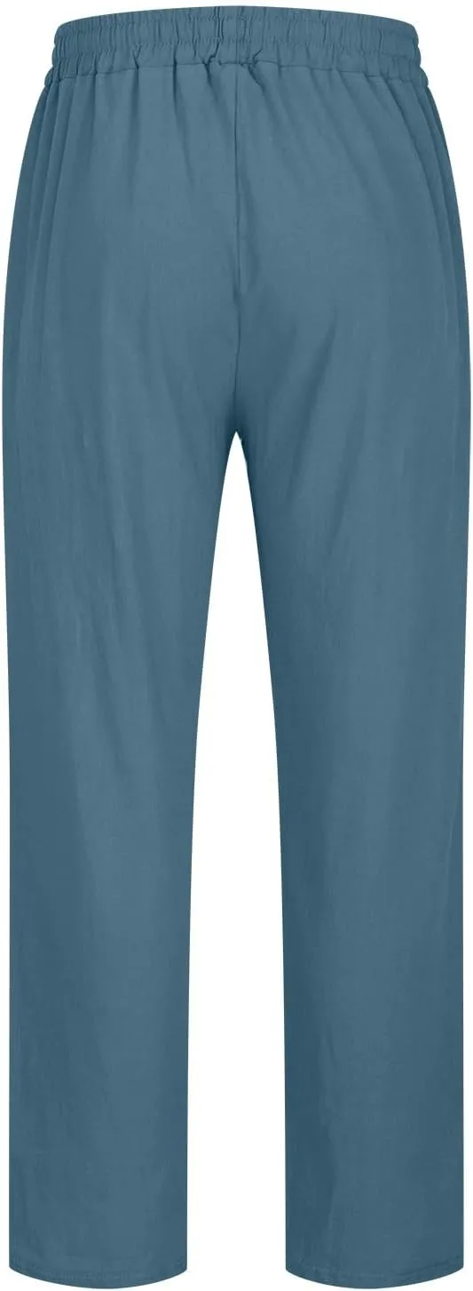 Men's Casual Linen Pants Drawstring Elastic Waist Summer Pants Lightweight Loose Fit Trousers Breathable Work Pants