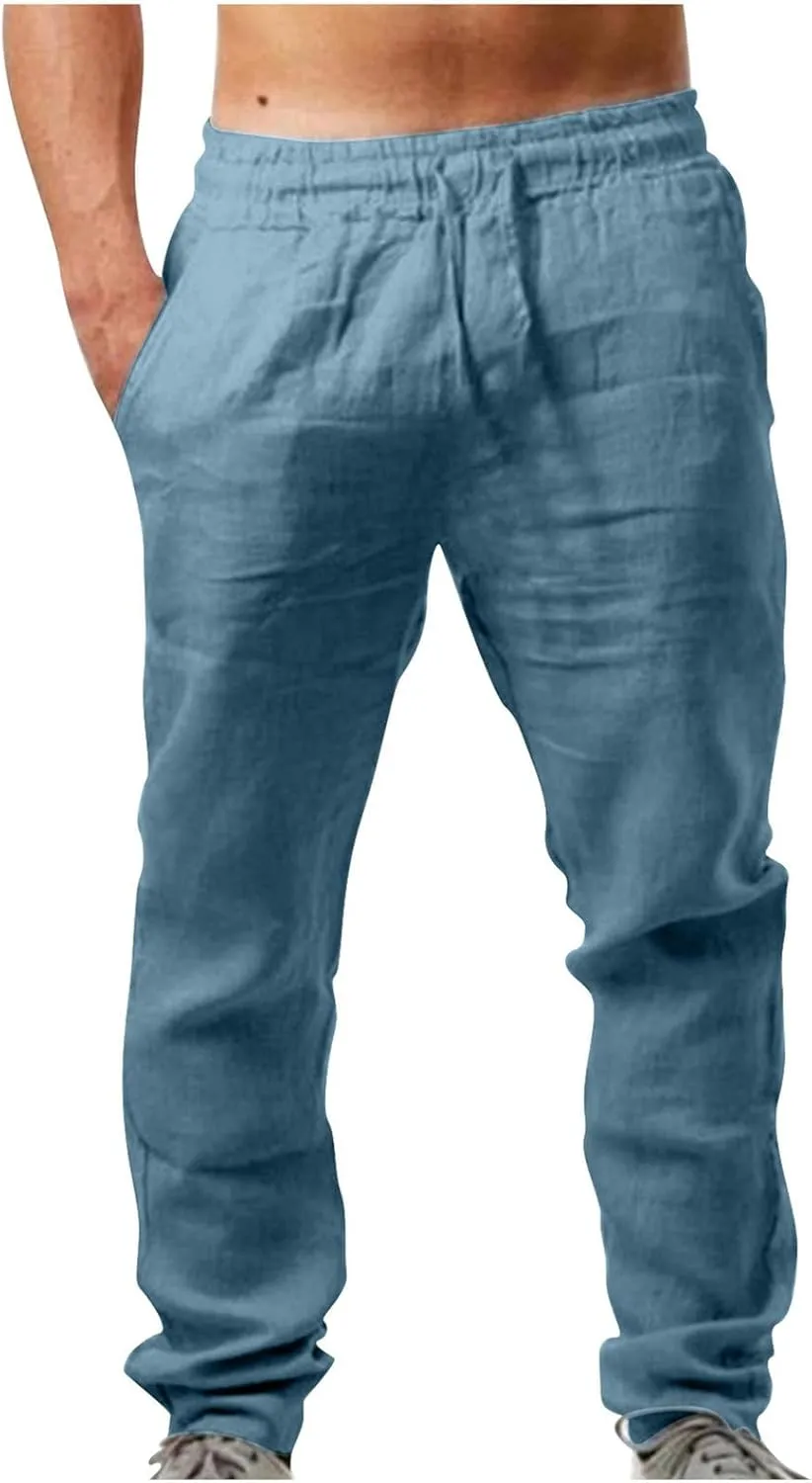 Men's Casual Linen Pants Drawstring Elastic Waist Summer Pants Lightweight Loose Fit Trousers Breathable Work Pants