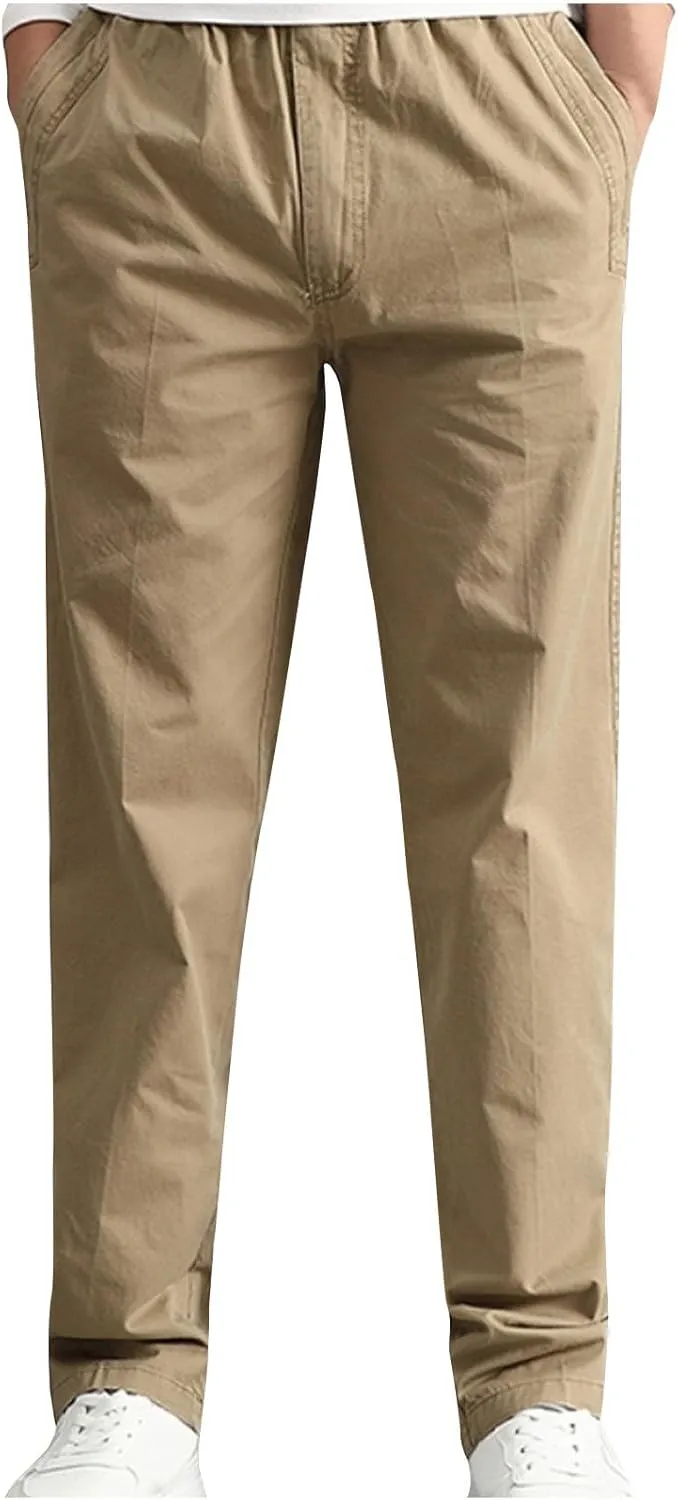 Men's Casual Pants Heavy Cotton Slim Fit Long Pants Stretch Waist Drawstring Athletic Work Pants Fall Trousers 2024