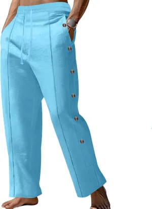 Mens Cotton Linen Elastic Waist Drawstring Trendy Button Decoration Comfy Yoga Summer Beach Trousers Pants