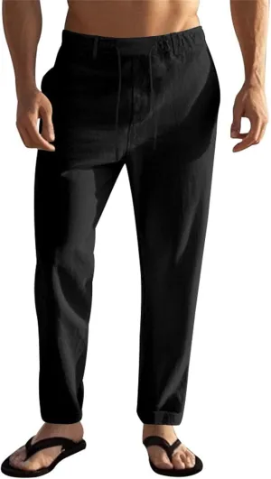 Men's Cotton Linen Pants Drawstring Elastic Waist Lightweight Casual Dressy Pants Slim Yoga Beach Pants with Pockets