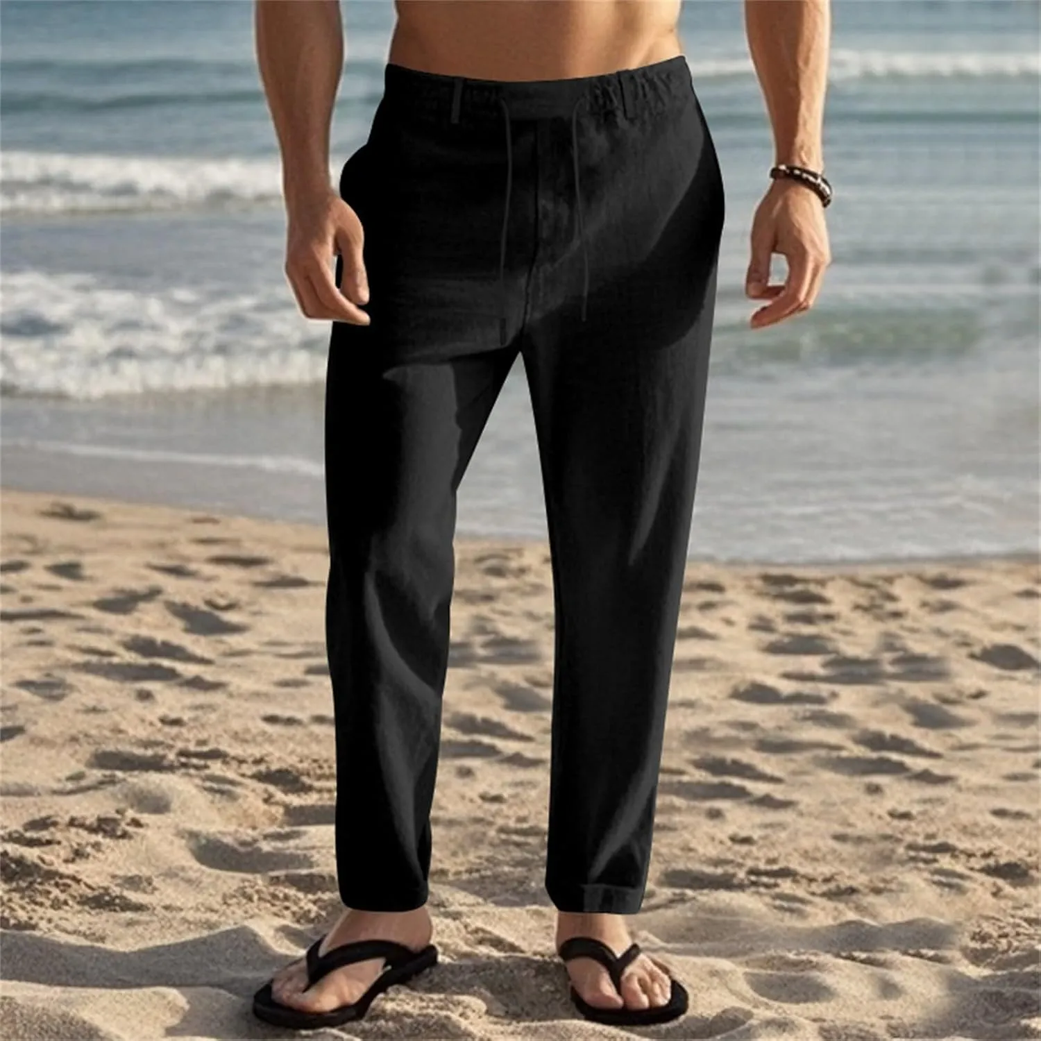 Men's Cotton Linen Pants Drawstring Elastic Waist Lightweight Casual Dressy Pants Slim Yoga Beach Pants with Pockets