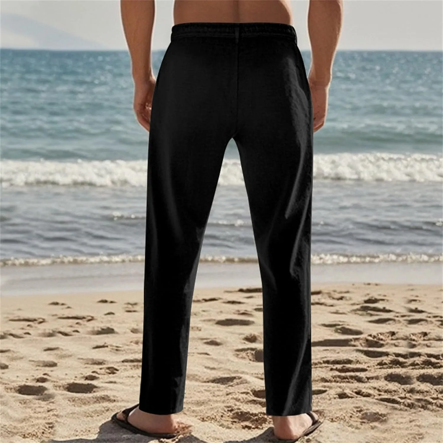 Men's Cotton Linen Pants Drawstring Elastic Waist Lightweight Casual Dressy Pants Slim Yoga Beach Pants with Pockets