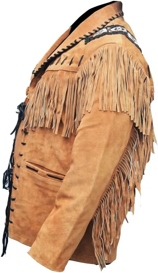 Mens Cowboy Buckskin Suede Leather Jacke tWestern Fringe And Beads Long Native Indian Suede Caot