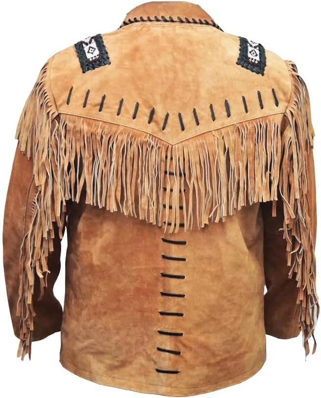 Mens Cowboy Buckskin Suede Leather Jacke tWestern Fringe And Beads Long Native Indian Suede Caot