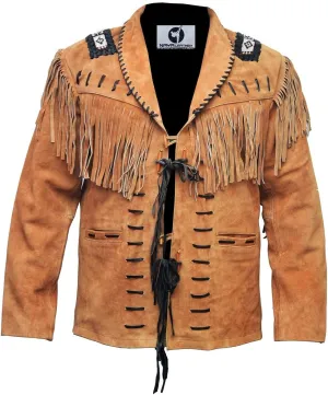 Mens Cowboy Buckskin Suede Leather Jacke tWestern Fringe And Beads Long Native Indian Suede Caot