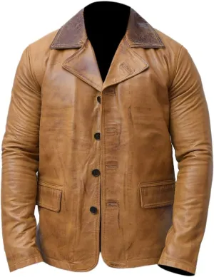 Mens Halloween Cosplay Tan Brown Leather Trench Coat Gaming Costume Jacket