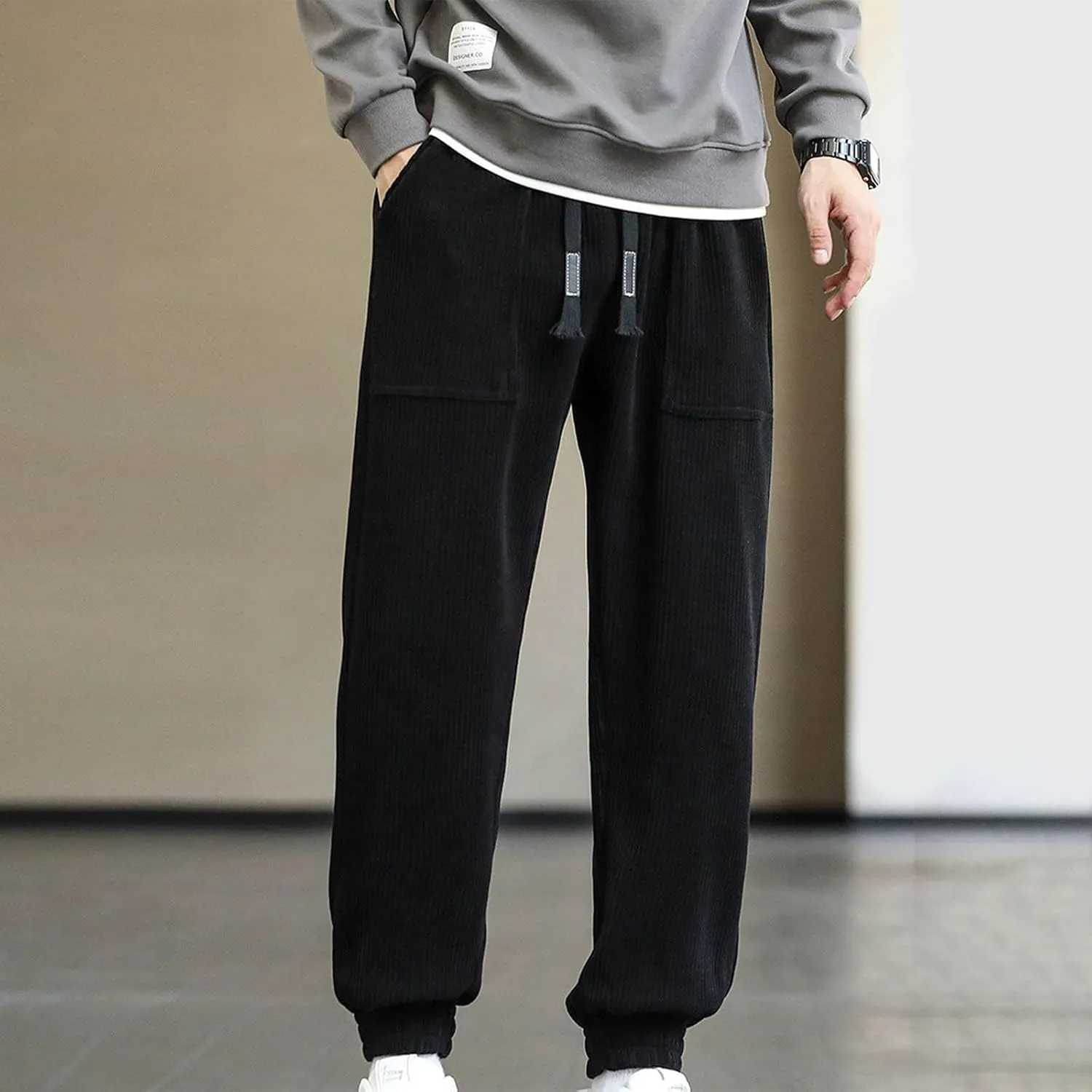 Men's Joggers New Men's Corduroy Loose Solid Casual Elastic Waistband Straight Cropped Trousers Casual Cargo Pants