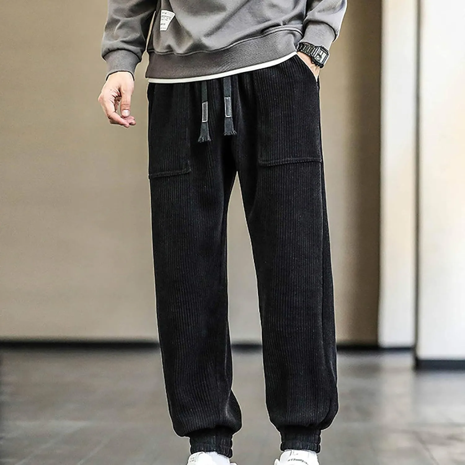 Men's Joggers New Men's Corduroy Loose Solid Casual Elastic Waistband Straight Cropped Trousers Casual Cargo Pants