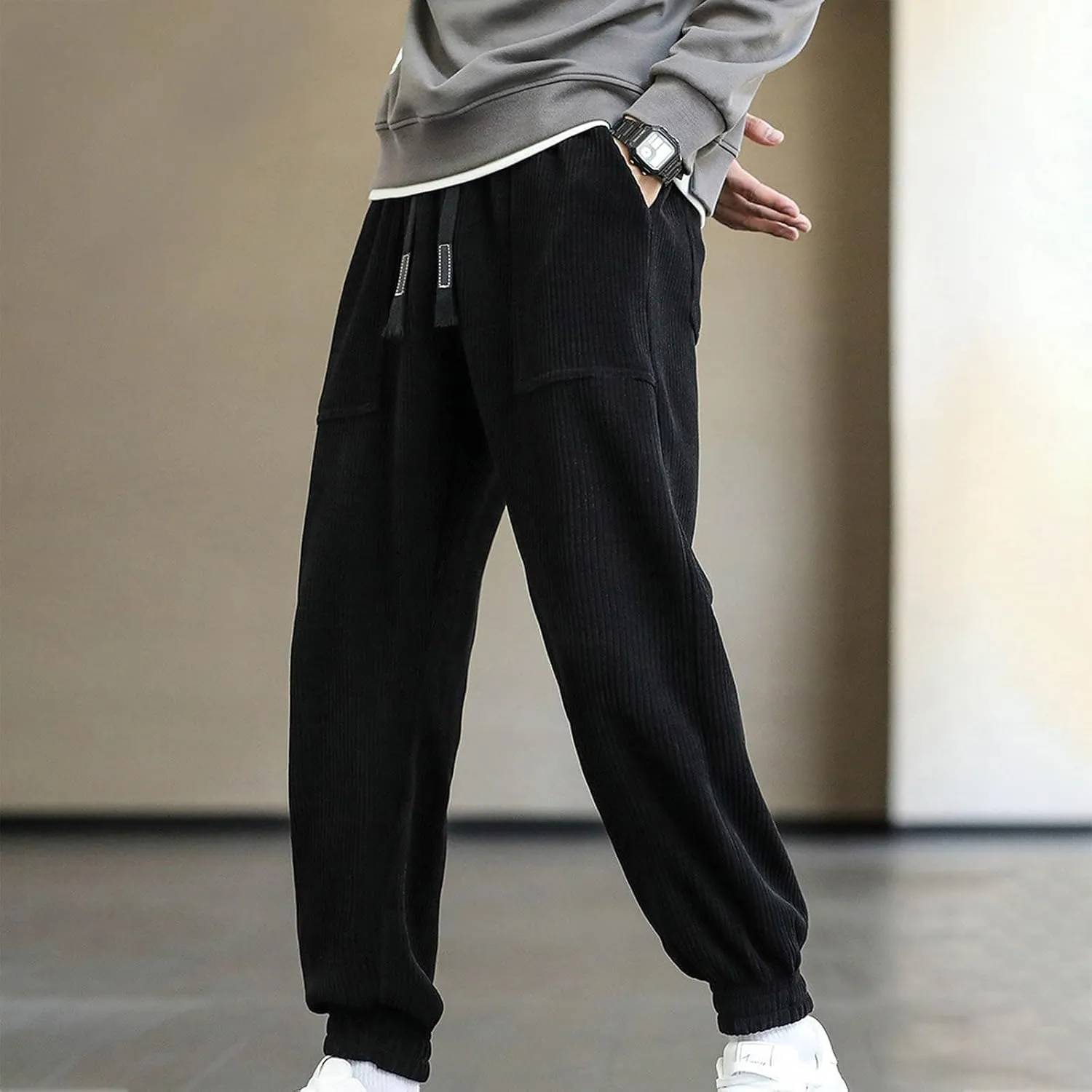 Men's Joggers New Men's Corduroy Loose Solid Casual Elastic Waistband Straight Cropped Trousers Casual Cargo Pants