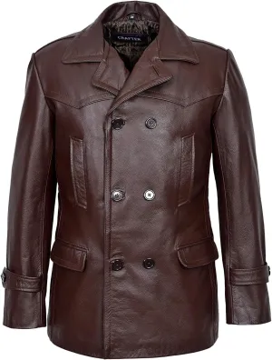 Men's Kriegsmarine German Ww2 Dr Who Reefer Hide Leather Jacket Coat Four Button Leather Car Coat - Pea Coat for Mens