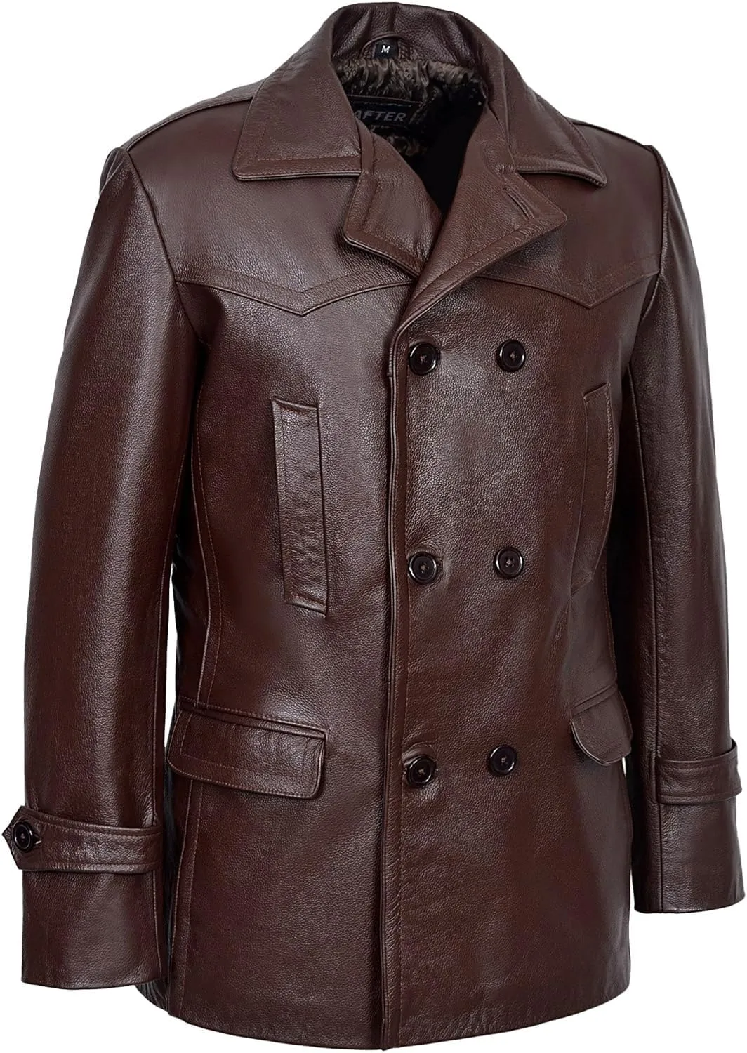 Men's Kriegsmarine German Ww2 Dr Who Reefer Hide Leather Jacket Coat Four Button Leather Car Coat - Pea Coat for Mens