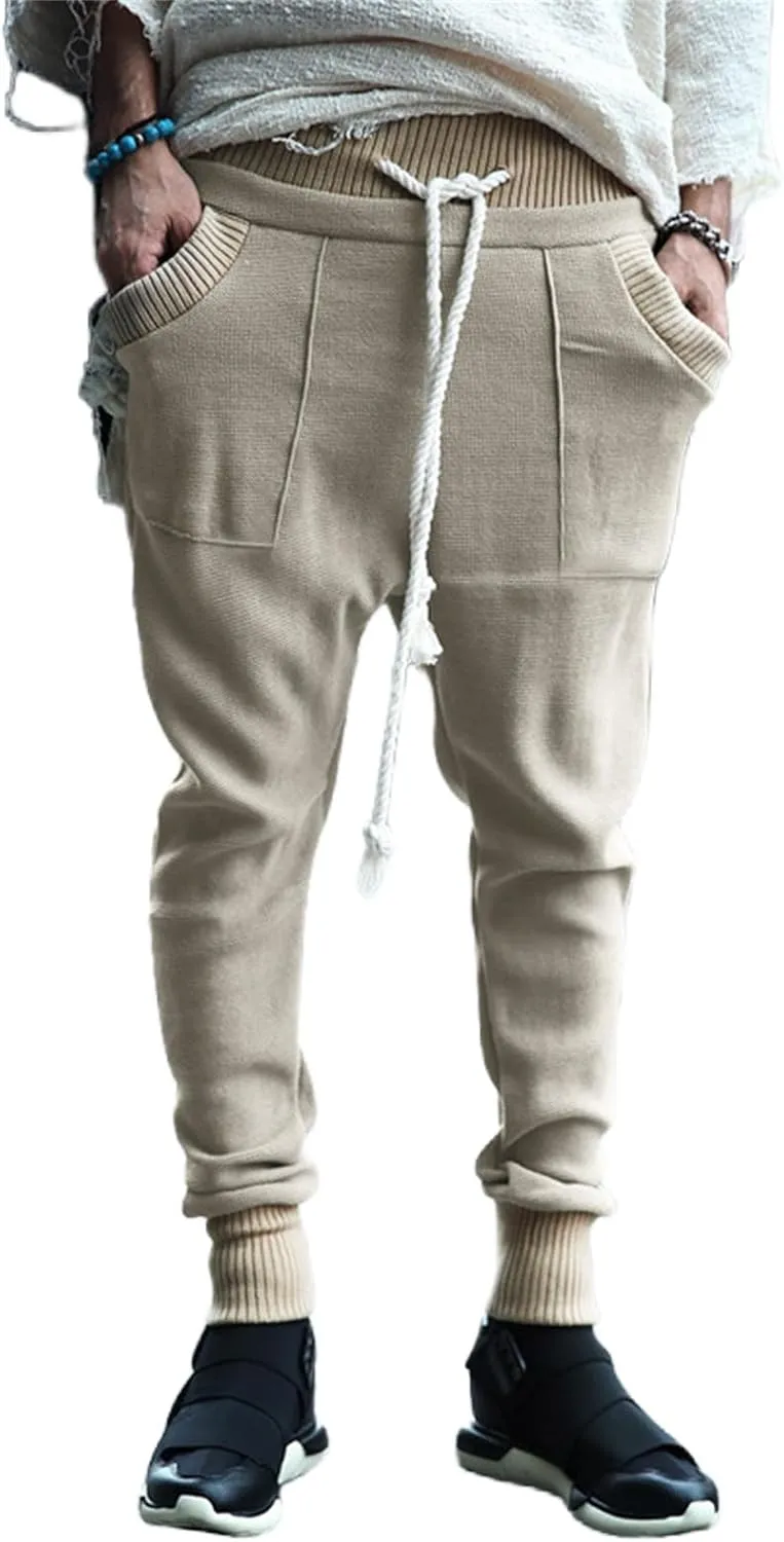 Mens Novelty Drawstring Slim Fit Knitted Casual Loose Lightweight Wrinkle Free Fashion Long Dress Suit Trousers Pants