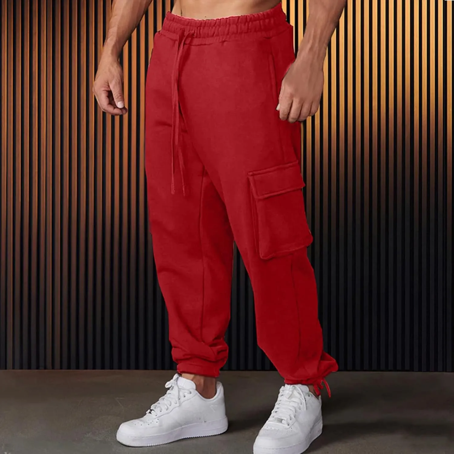 Mens Open Leg Straight Heavyweight Stretch Elastic Waist Drawstring Baggy Cargo Casual Athletic Work Jogger Pants