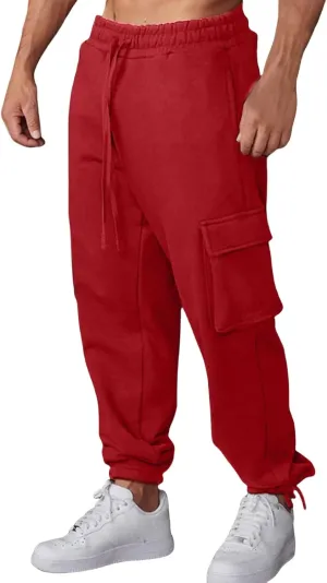 Mens Open Leg Straight Heavyweight Stretch Elastic Waist Drawstring Baggy Cargo Casual Athletic Work Jogger Pants