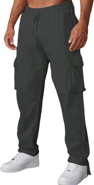 Mens Open Leg Straight Heavyweight Stretch Elastic Waist Drawstring Baggy Cargo Casual Athletic Work Jogger Pants