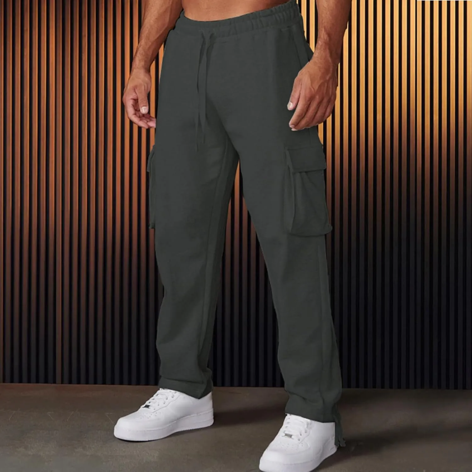 Mens Open Leg Straight Heavyweight Stretch Elastic Waist Drawstring Baggy Cargo Casual Athletic Work Jogger Pants