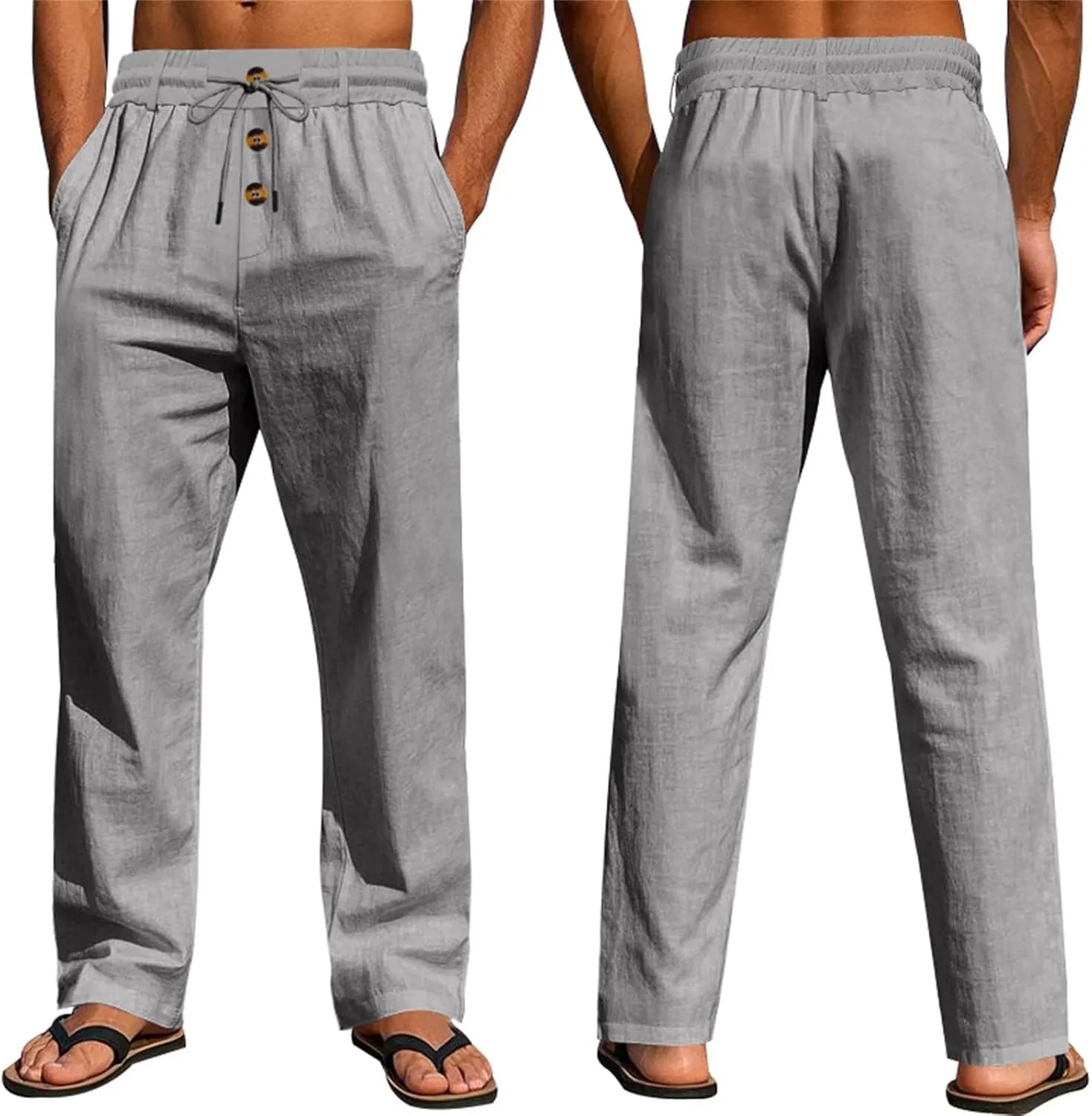 Mens Pants Casual Linen Drawstring Elastic Waist Loose Fit Casual Pants Lightweight Straight Leg Beach Yoga Trousers