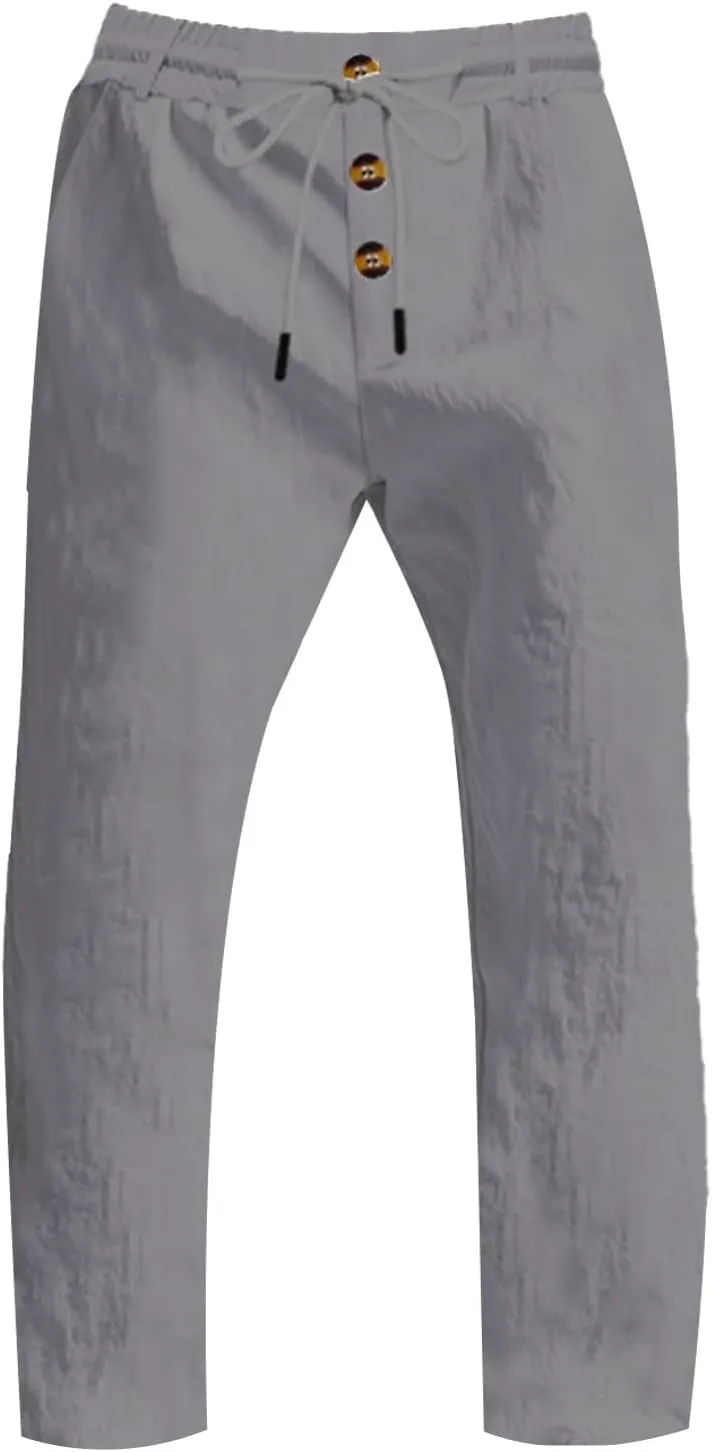 Mens Pants Casual Linen Drawstring Elastic Waist Loose Fit Casual Pants Lightweight Straight Leg Beach Yoga Trousers