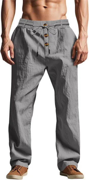 Mens Pants Casual Linen Drawstring Elastic Waist Loose Fit Casual Pants Lightweight Straight Leg Beach Yoga Trousers