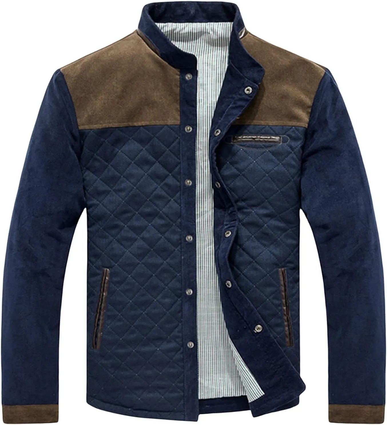 Men's Puffer Down Jacket Diamond Quilted Winter Warm Business Casual Button Down Shirts Pockets