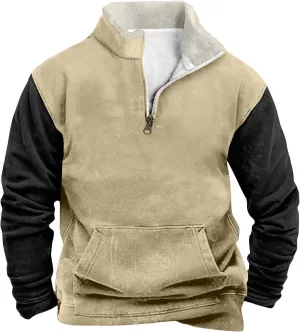 Men's Quarter Zipper Sherpa Sweatshirts 2025 Thermal Warm Sweater 1/4 Zip Stand Collar Cowboy Print Tactical Jacket
