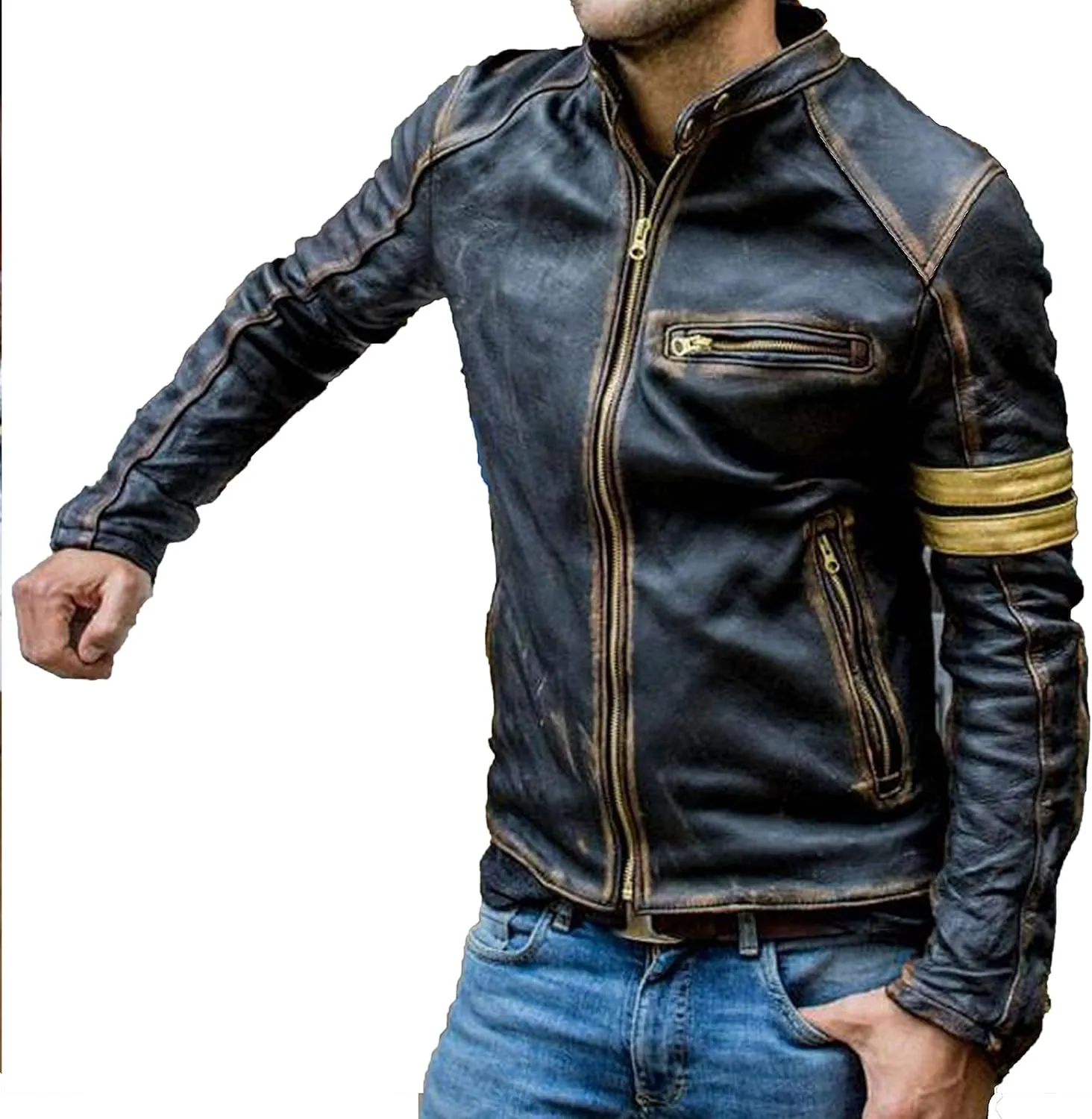 Mens Racing Motorcycle Padded Armored Distressed Brown Cowhide Leather Jacket