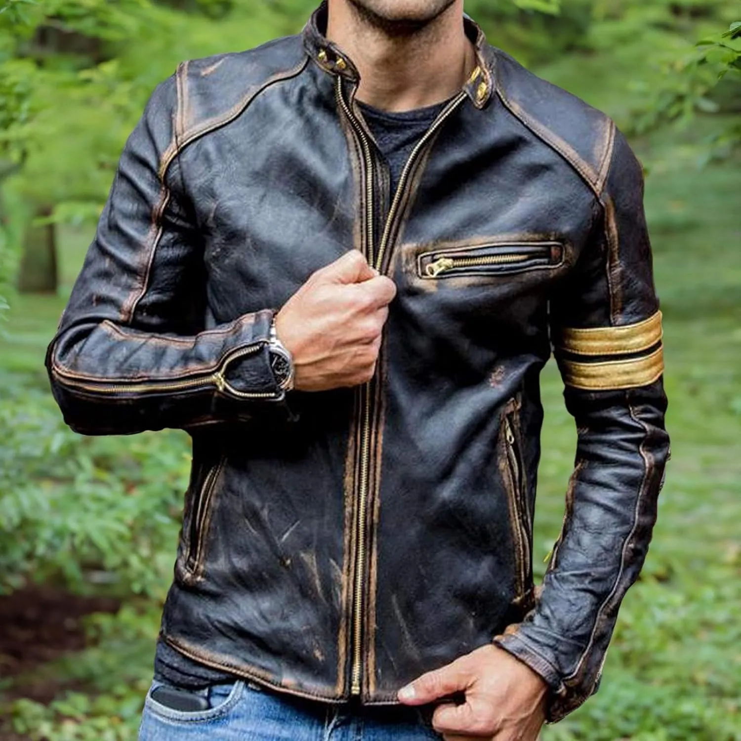 Mens Racing Motorcycle Padded Armored Distressed Brown Cowhide Leather Jacket