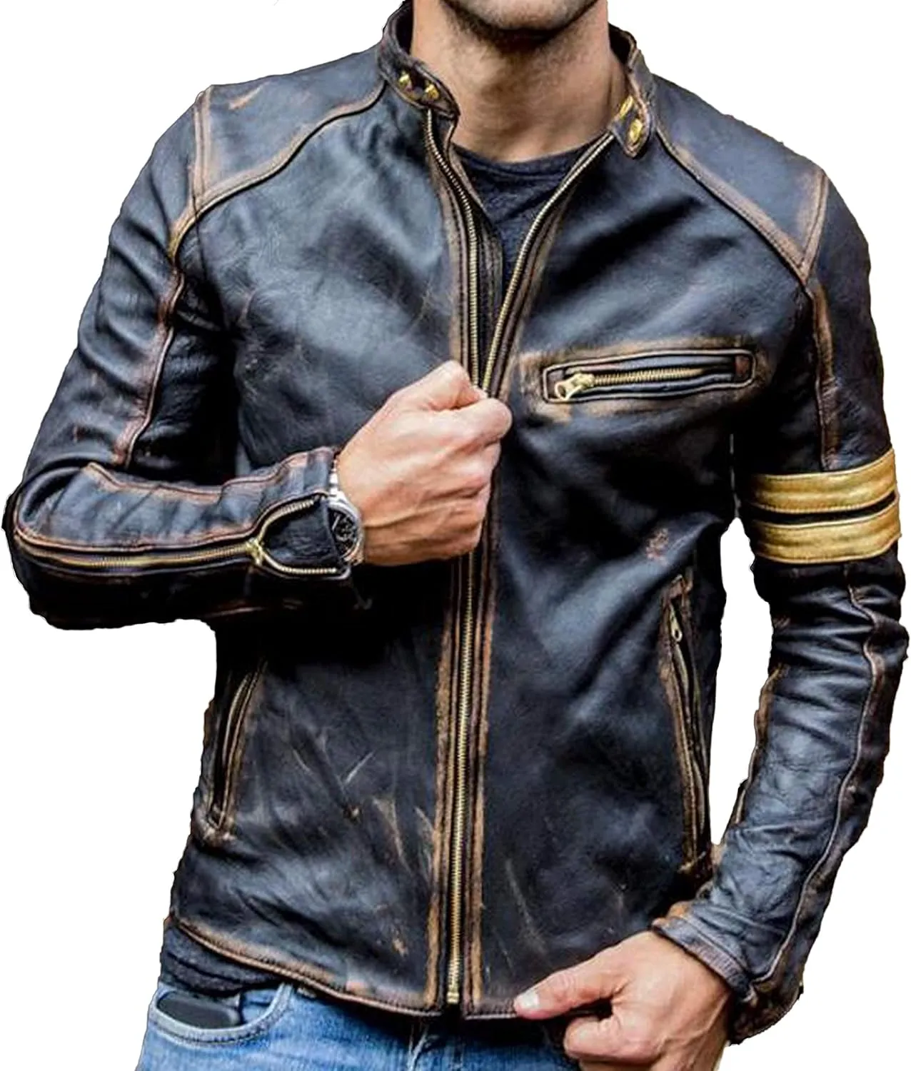 Mens Racing Motorcycle Padded Armored Distressed Brown Cowhide Leather Jacket
