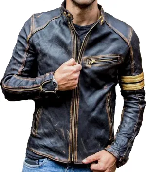 Mens Racing Motorcycle Padded Armored Distressed Brown Cowhide Leather Jacket