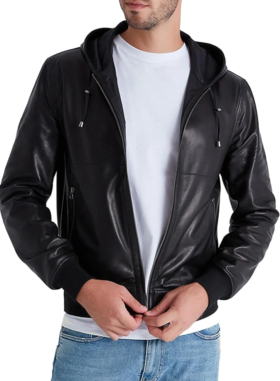 Men's Reversible Leather Bomber Jacket with Hood - Real Genuine Lambskin Leather Jacket for Men