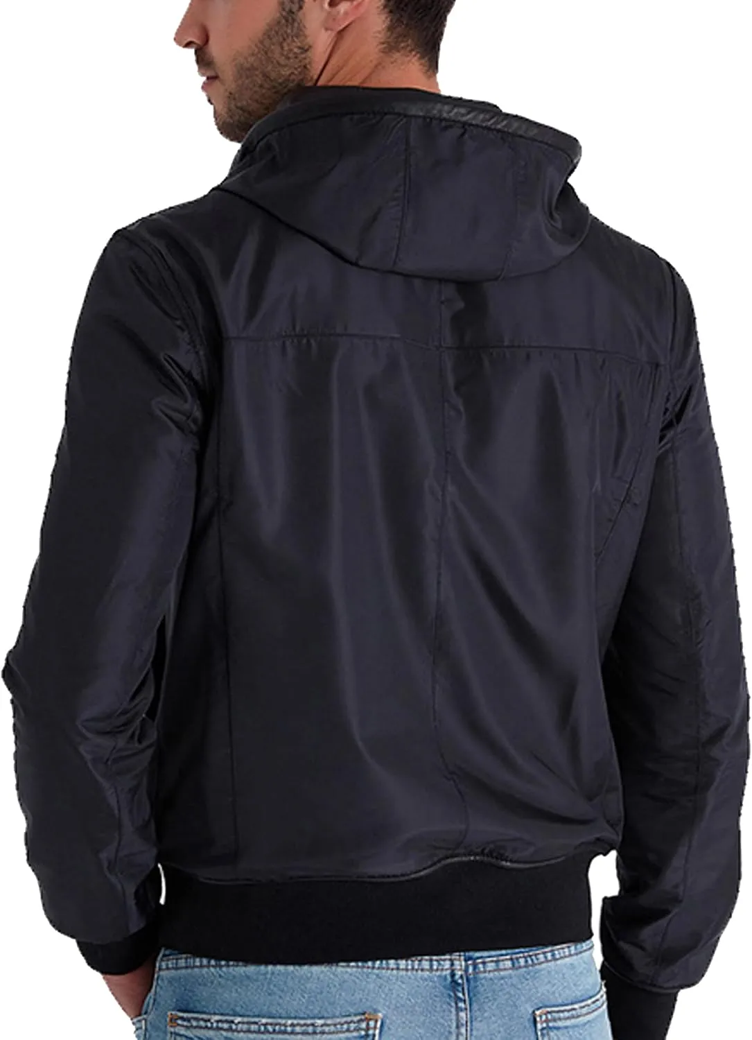 Men's Reversible Leather Bomber Jacket with Hood - Real Genuine Lambskin Leather Jacket for Men