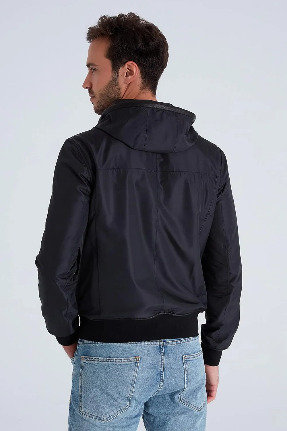 Men's Reversible Leather Bomber Jacket with Hood - Real Genuine Lambskin Leather Jacket for Men