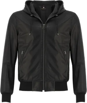 Men's Reversible Leather Bomber Jacket with Hood - Real Genuine Lambskin Leather Jacket for Men