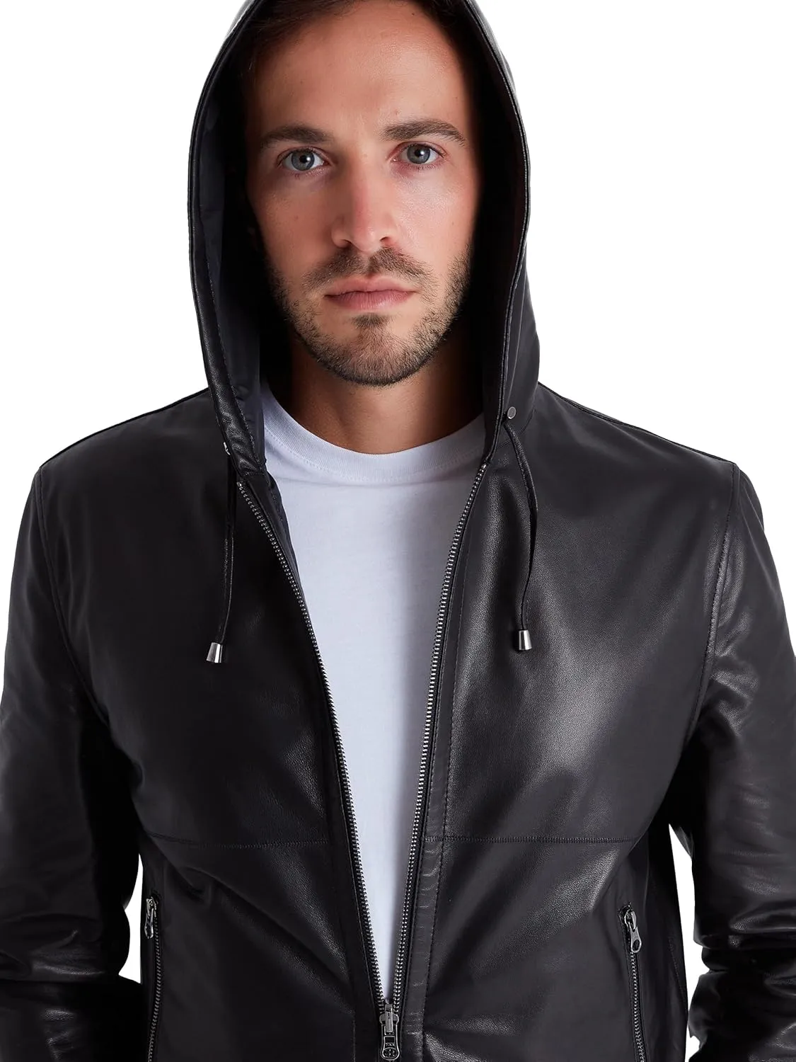 Men's Reversible Leather Bomber Jacket with Hood - Real Genuine Lambskin Leather Jacket for Men