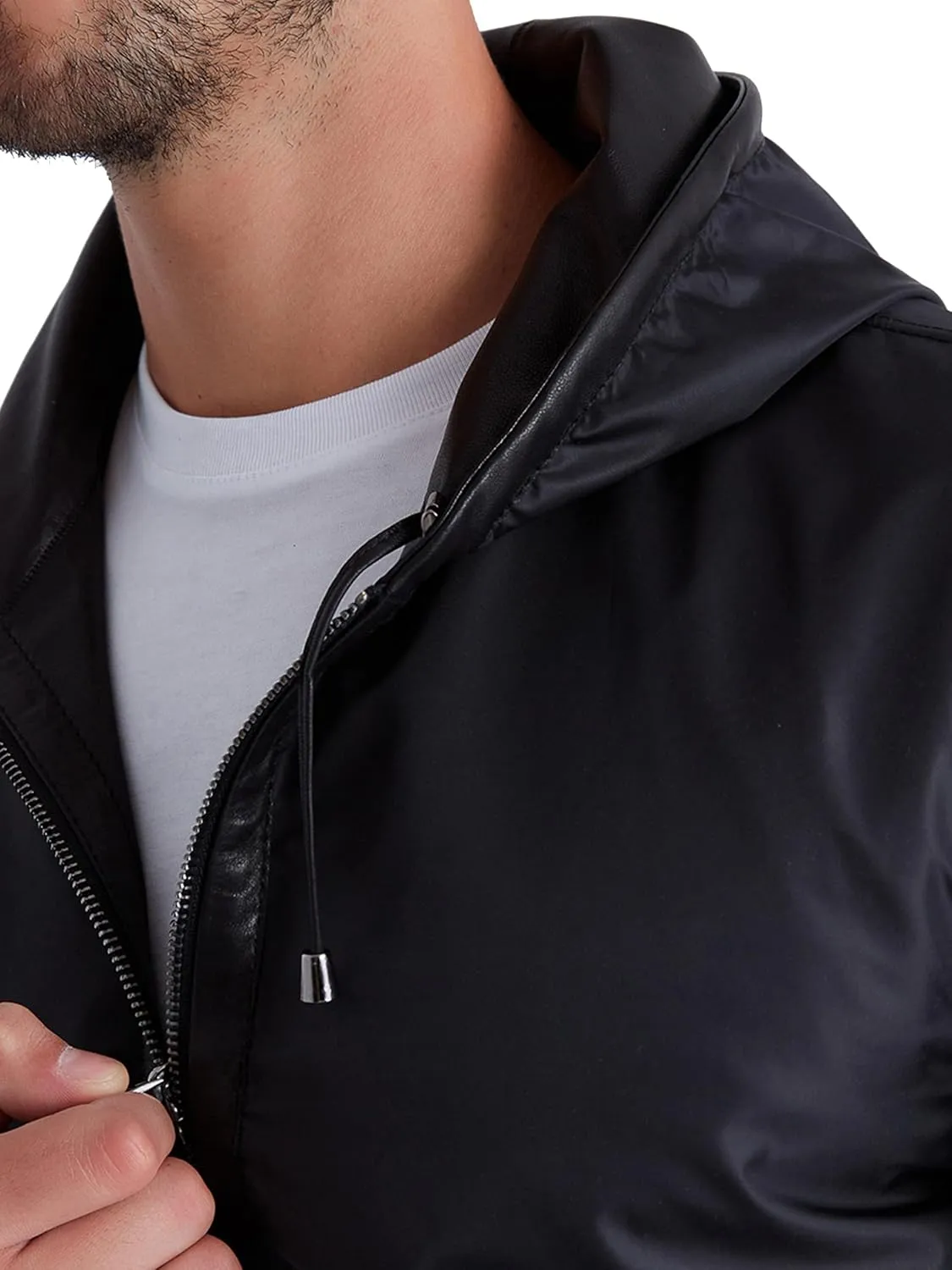 Men's Reversible Leather Bomber Jacket with Hood - Real Genuine Lambskin Leather Jacket for Men