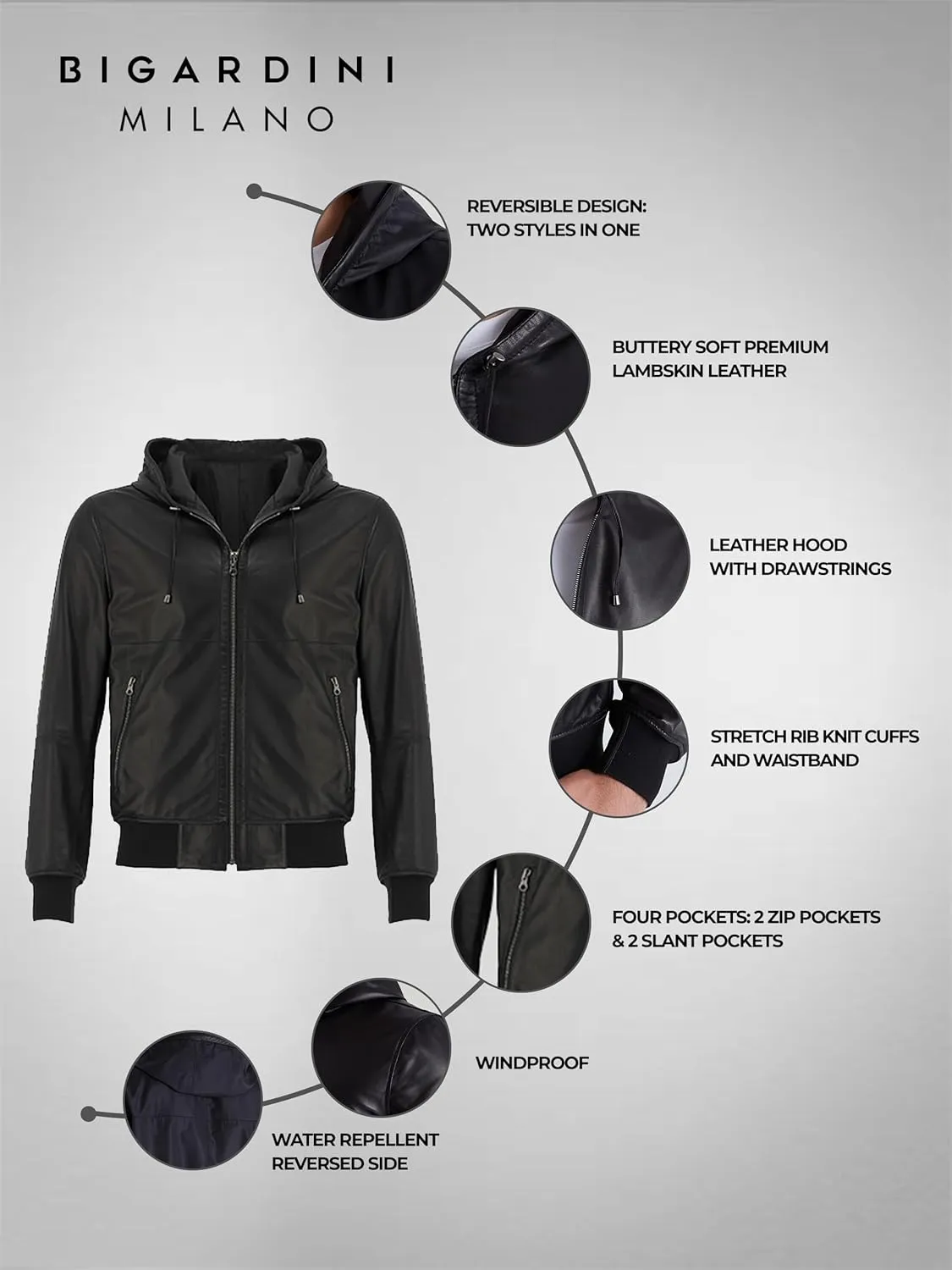 Men's Reversible Leather Bomber Jacket with Hood - Real Genuine Lambskin Leather Jacket for Men