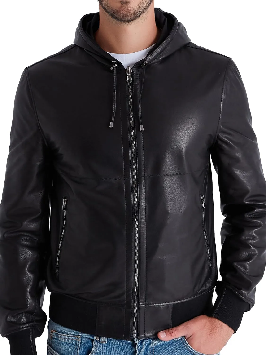 Men's Reversible Leather Bomber Jacket with Hood - Real Genuine Lambskin Leather Jacket for Men