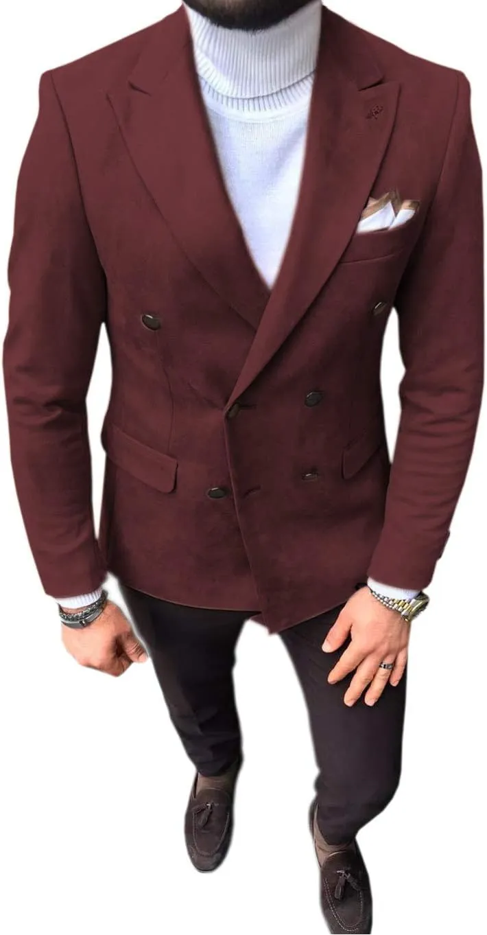 Mens Suit Blazer Leather Double Breasted Suede Wear Coat Slim Fit Single Jacket