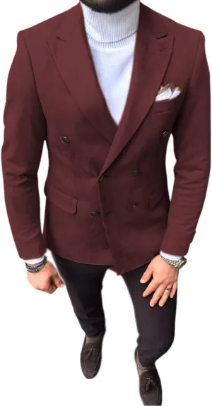 Mens Suit Blazer Leather Double Breasted Suede Wear Coat Slim Fit Single Jacket