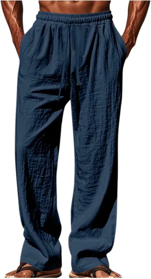 Mens Summer Beach Pants Loose Fit Lightweight Elastic Waist Cotton Linen Pant Comfy Tropical Vacation Travel Trousers